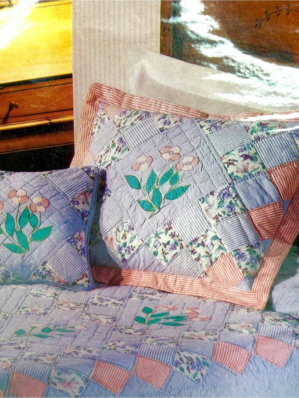 American Pacific Blue Pink Pinstripes & Flowers Floral Patchwork Pillow Shams